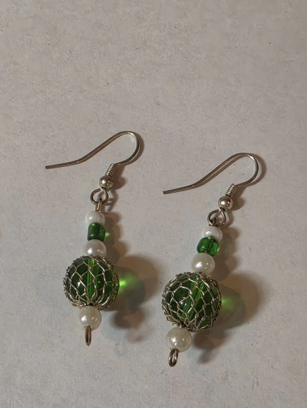 Green Glass Bead Drop Earrings with Pearlescent Accents